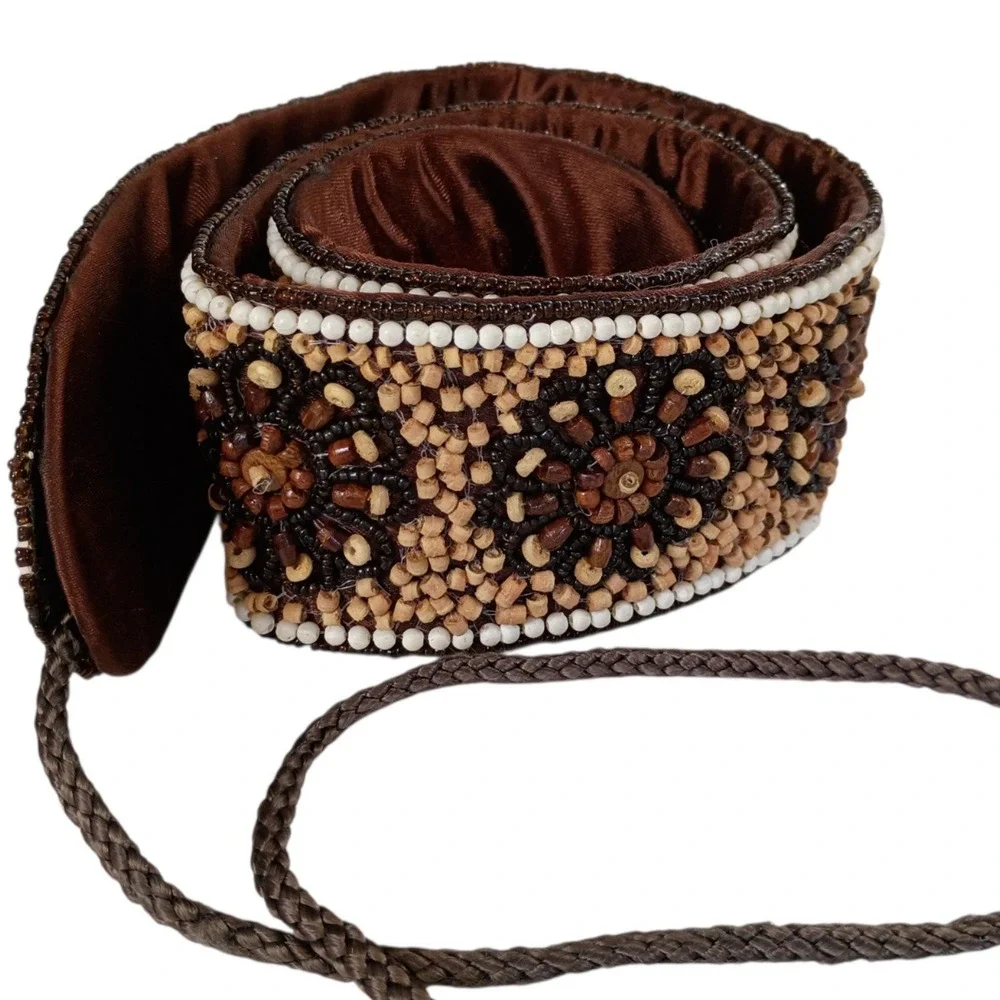Womens Brown Beaded Floral Wide Waist Belt Boho Wood Seed Bead Tie Cinch 33 Inch